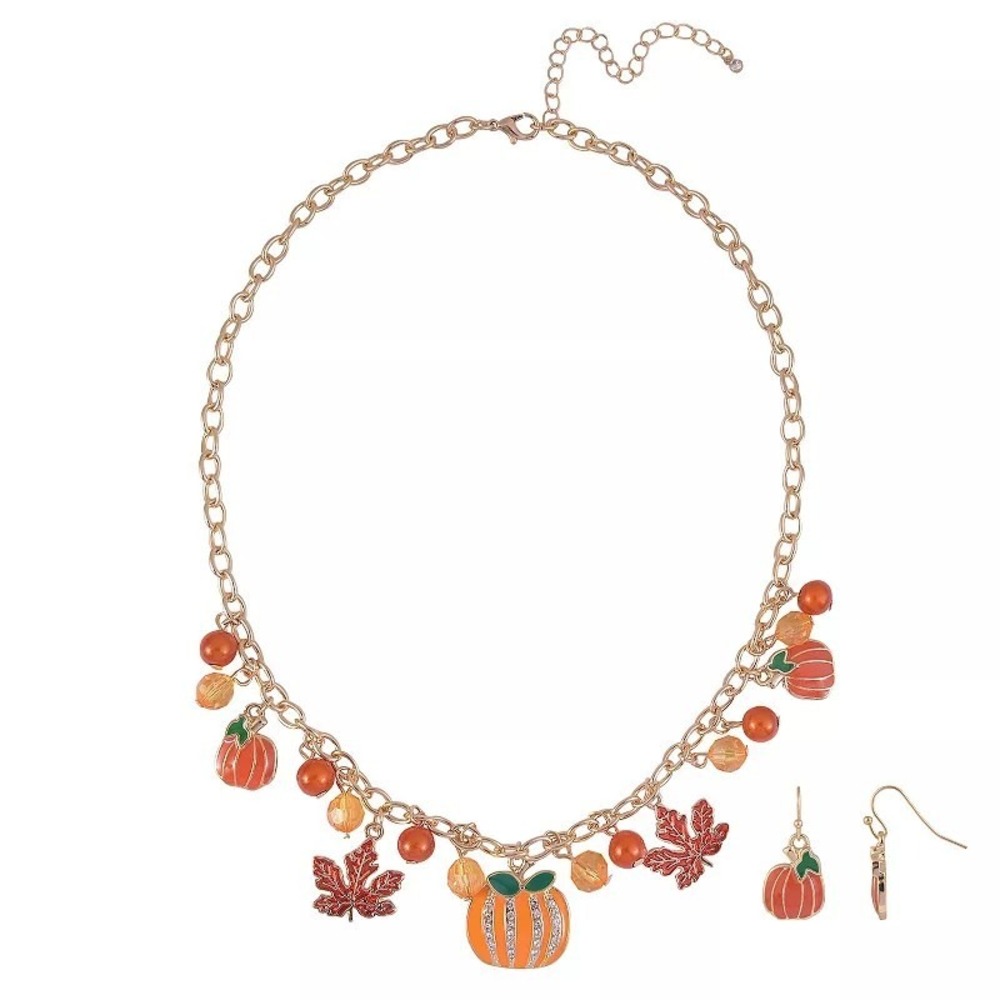 Fall Pumpkin Jewelry Set Dangle Earrings Necklace Orange Gold Tone NWT